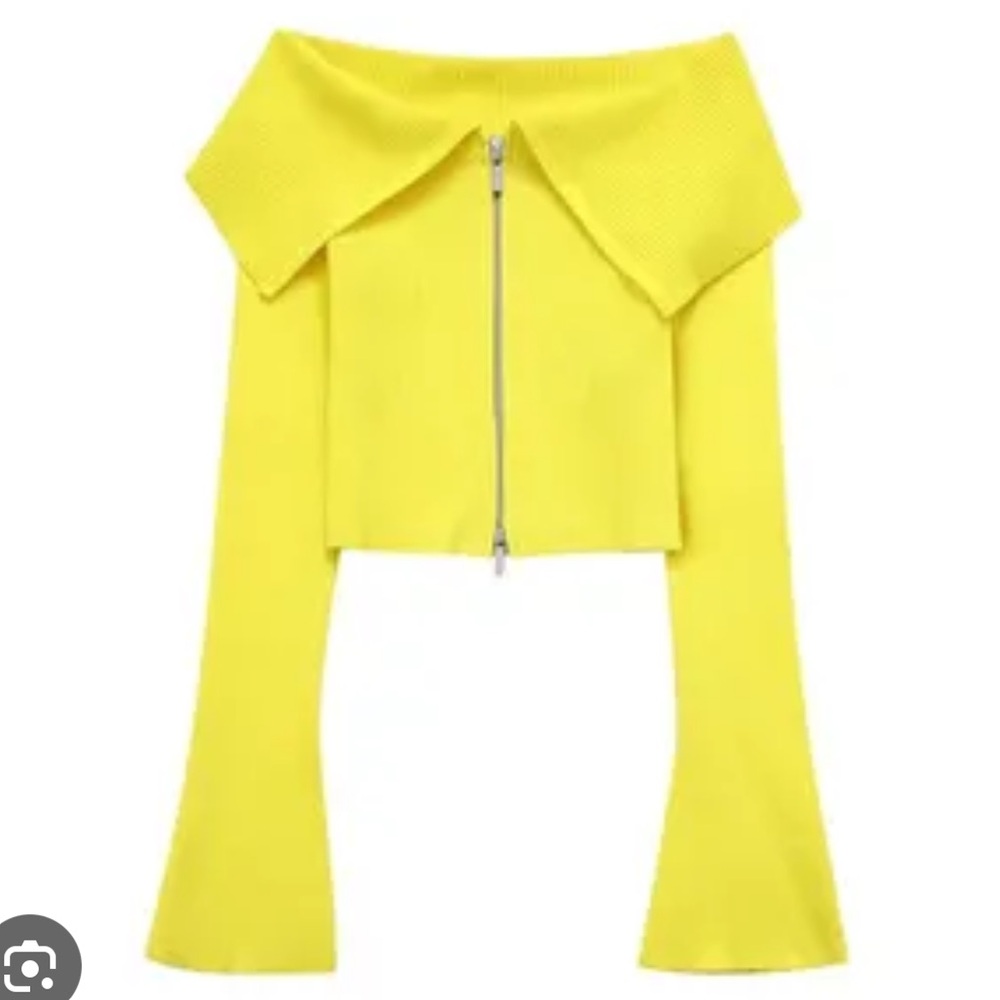 NWT Zara Vibrant Yellow Off-Shoulder Zipper Cardigan sweater